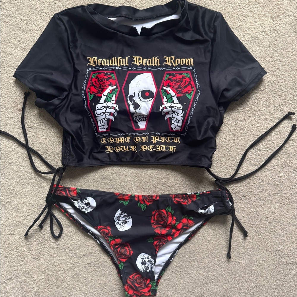 Black Gothic Skull and Rose Bikini Set